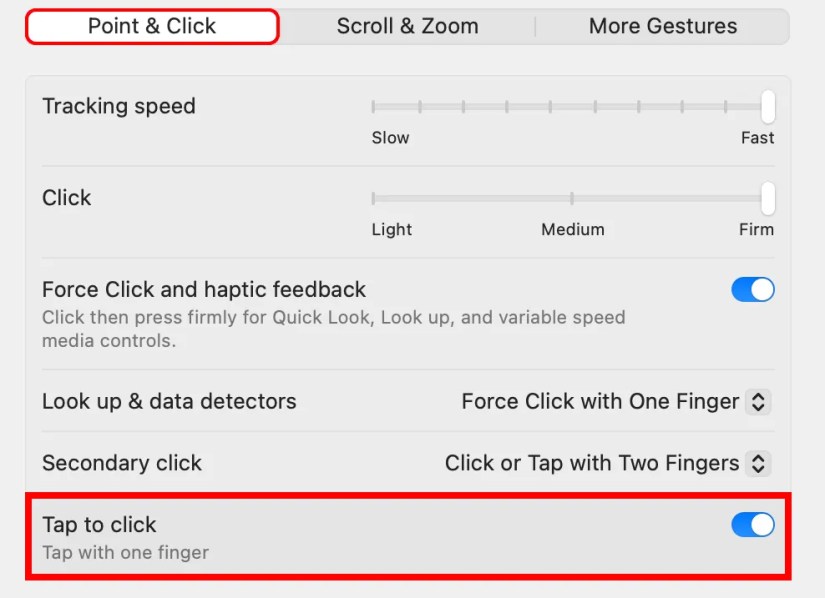 macOS System Settings with the Tap to Click trackpad feature enabled.