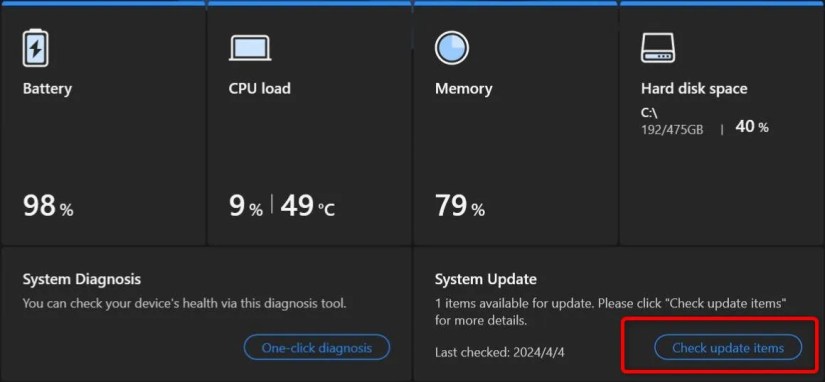 Home screen of the MyASUS App.