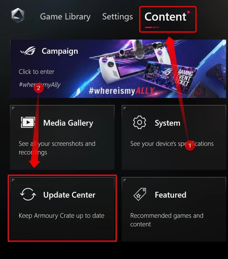 Armoury Crate Update Center option.