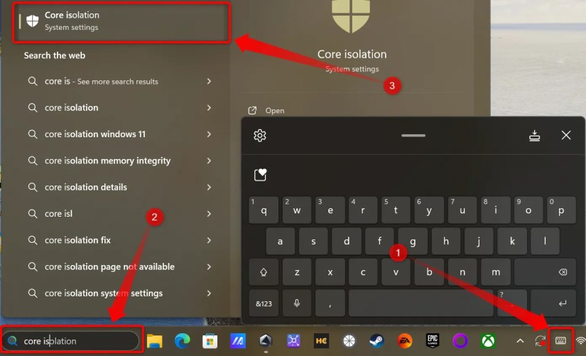 Searching for Core Isolation in Windows 11 Search.