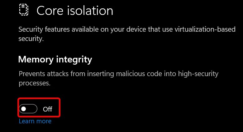 Disabling memory integrity on Windows 11.