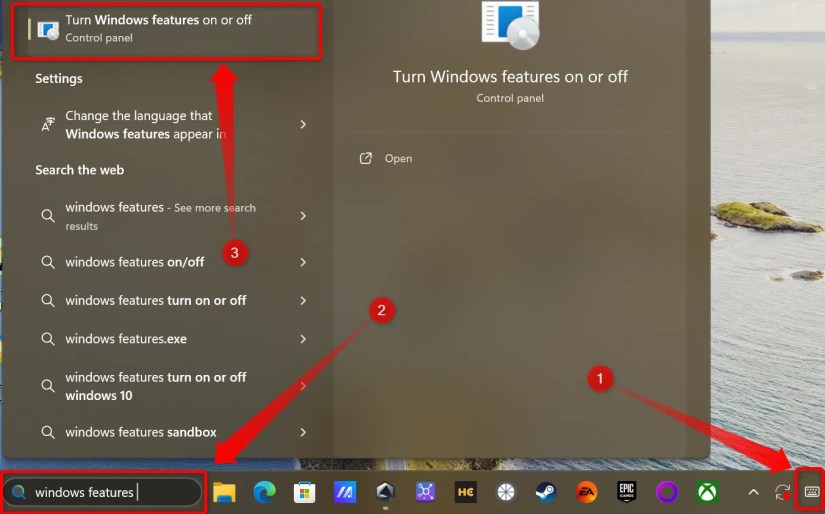 Typing Windows Features in Windows 11 search box.