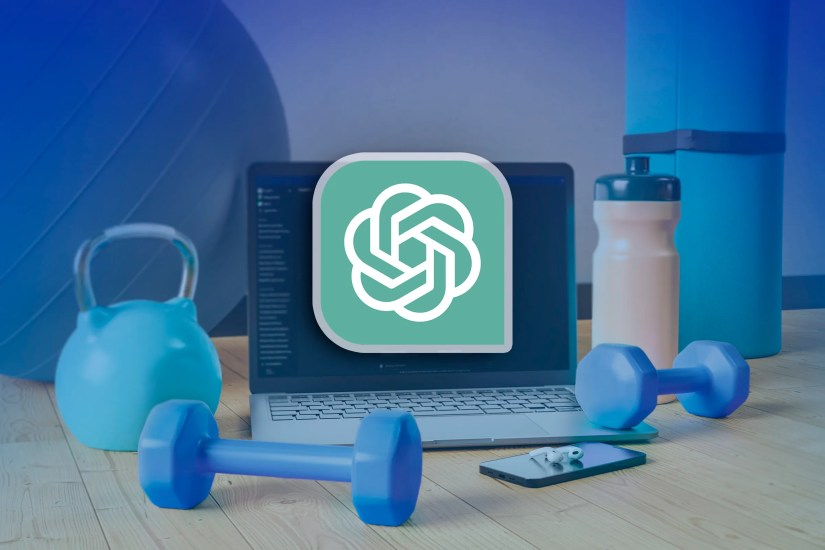 ChatGPT logo centered, and, in the background, a laptop on the floor of a gym and workout equipment around it.