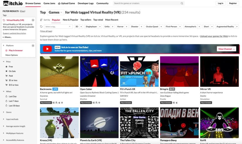Screenshot of Itch.io store with web XR demos.