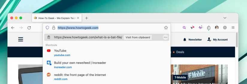 Screenshot of Firefox with the clipboard URL highlighted as a suggestion.