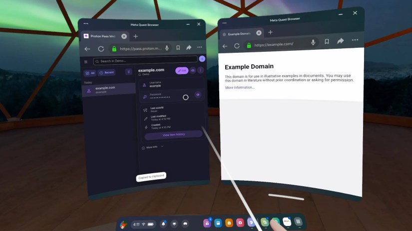 Password manager window open on Quest Browser alongside another browser window.