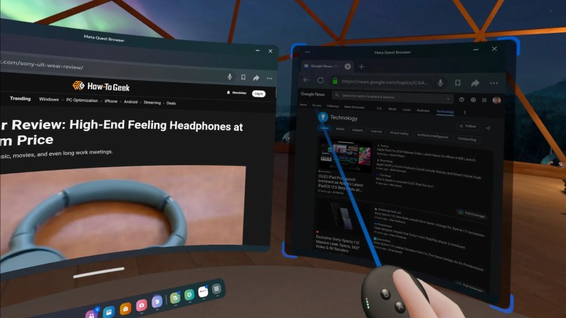 Resizing a browser window in the Quest virtual environment.