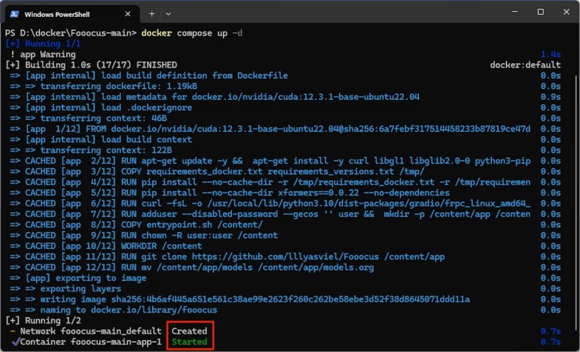 Terminal output showing the Fooocus Docker container has started successfully