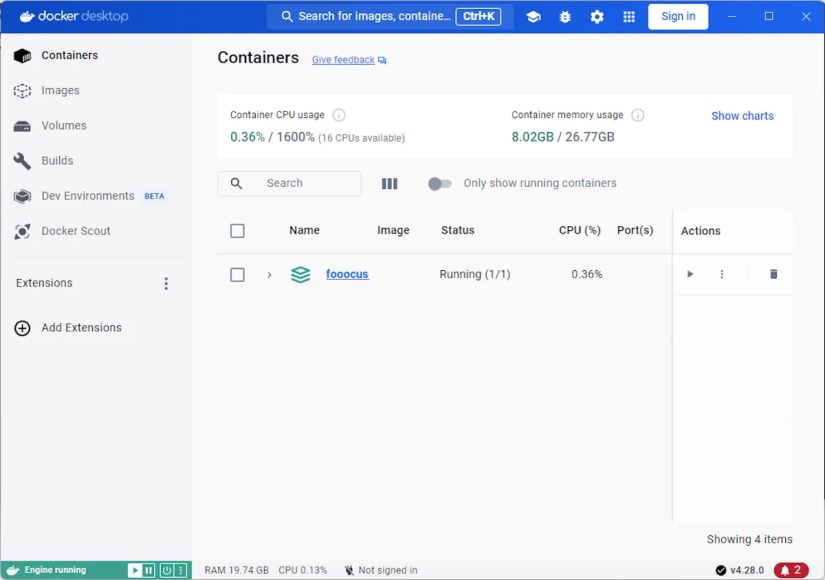 Docker Desktop showing a running container