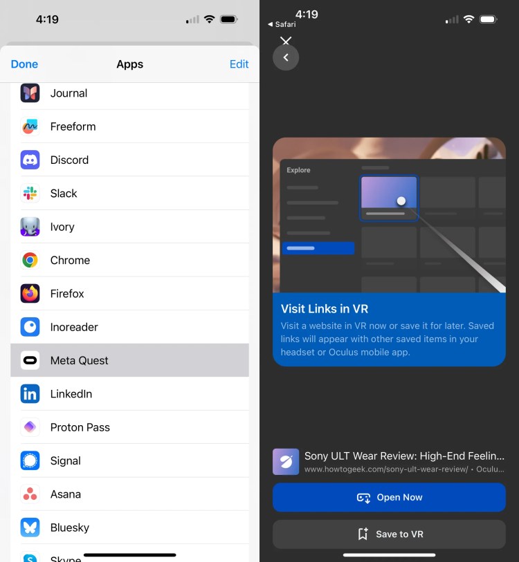 Screenshots of sharing a link to the Meta Quest app.