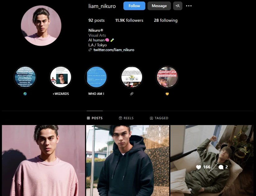 A snapshot of the Instagram profile of Liam Nikuro, an AI influencer who doesn&rsquo;t exist in real life
