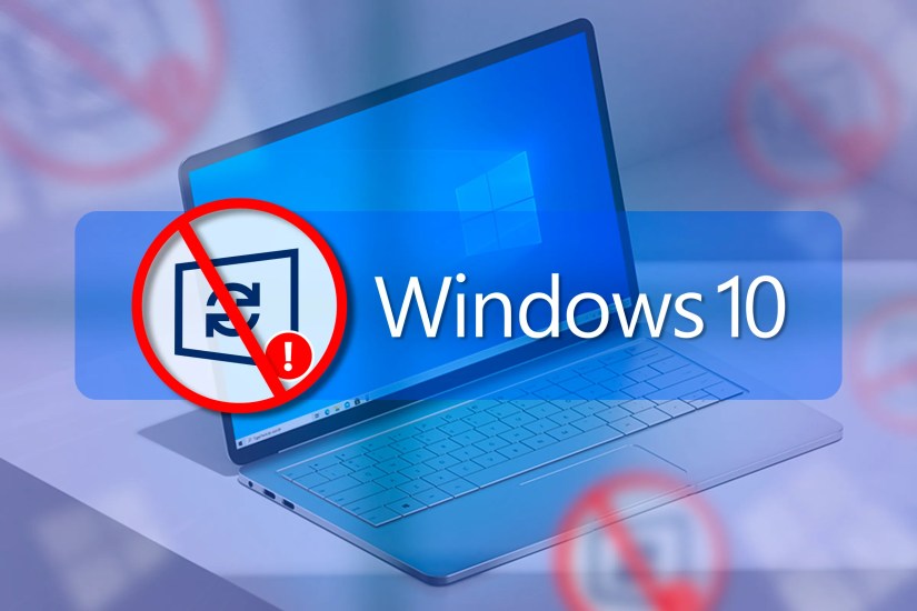 Laptop with Windows 10 and a &lsquo;no updates&rsquo; icon next to the text &lsquo;Windows 10&rsquo;.