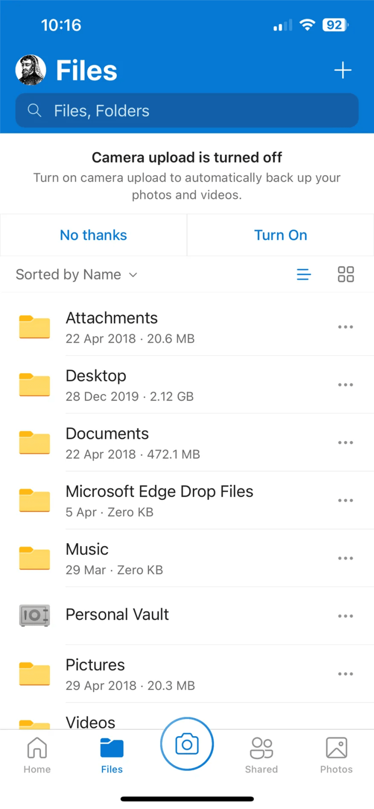 The Files screen on the iPhone OneDrive app.