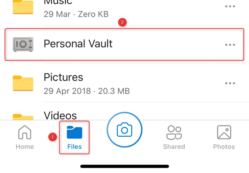 The OneDrive mobile app Personal Vault folder, accessible through the Files folder.