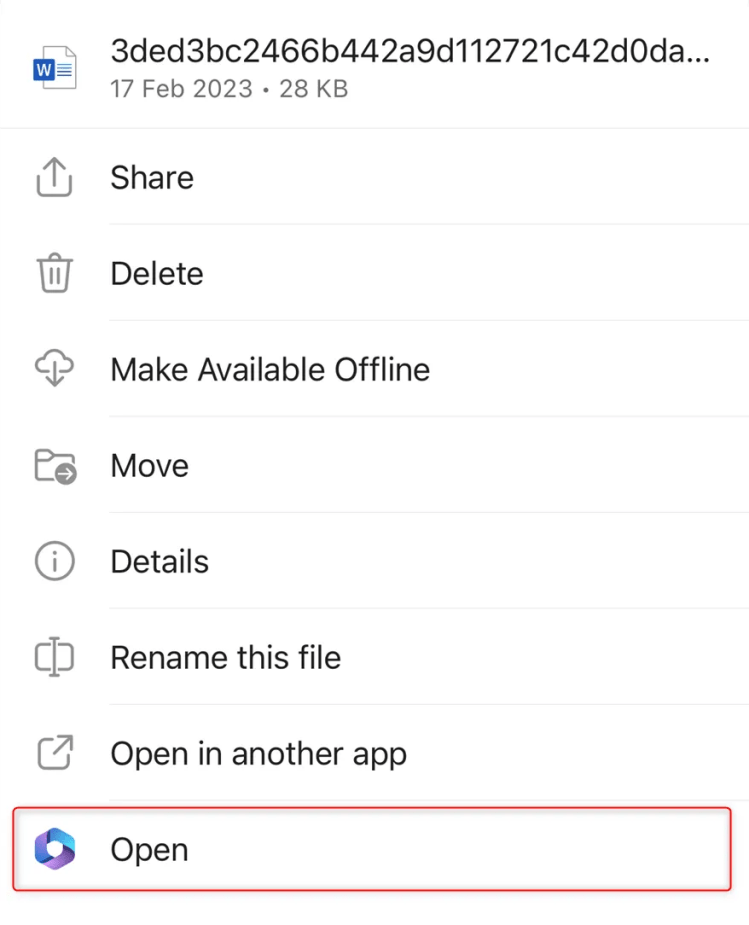 The menu that appears when the three dots next to a Word file are selected in OneDrive, with &lsquo;Open&rsquo; (in Microsoft 365) highlighted.