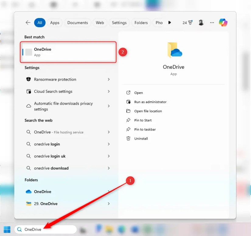 OneDrive is typed into the Windows Taskbar search box and the &lsquo;OneDrive&rsquo; option that appears is higlighted.