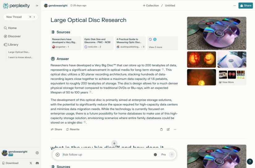 Perplexity&rsquo;s free web search interface showing a research summary on large optical disc technology.