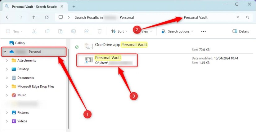 The Windows OneDrive folder selected, &lsquo;Personal Vault&rsquo; typed into the search box, and the Personal Vault result highlighted.