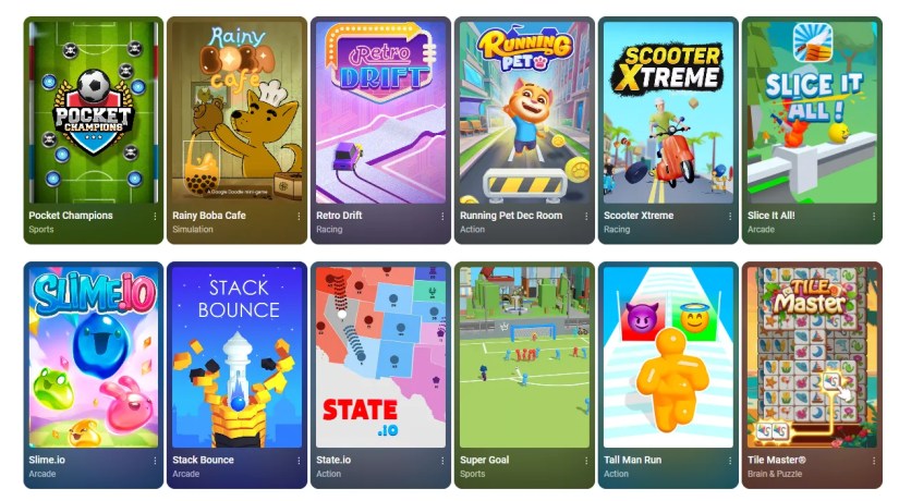 The &ldquo;Browse&rdquo; screen of the YouTube &ldquo;Playables&rdquo; section showing a variety of games.