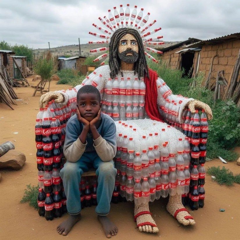 AI-generated image of Jesus made from plastic bottles.