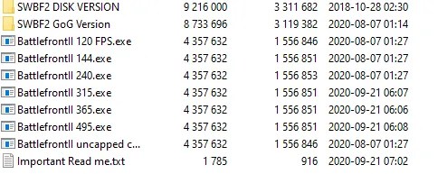The file directory for the Star Wars Battlefront II Classic FPS uncapper mod with multiple options depending on your needs.