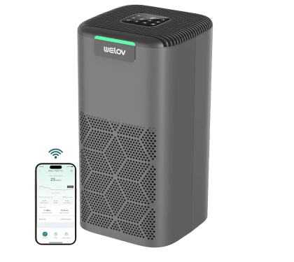 A WELOV P200 Pro air purifier with a smartphone displaying the AiDot app.