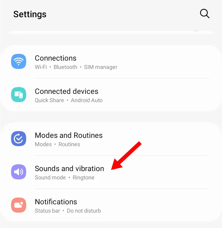 Sounds and vibration tab in Samsung settings app.