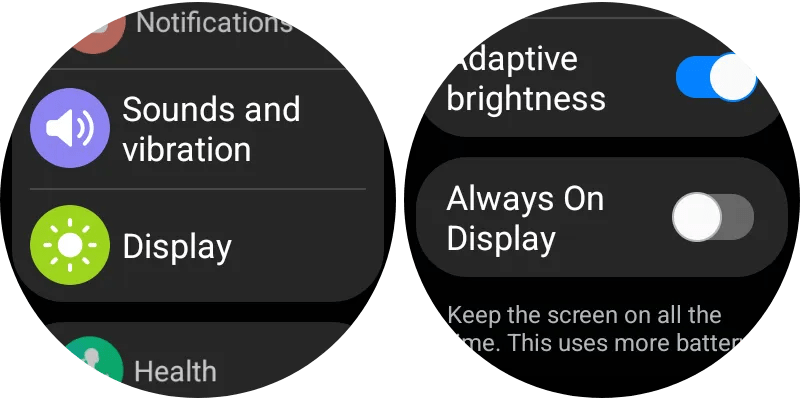 Always on display setting on Wear OS.