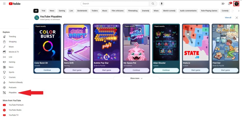 The YouTube homepage with the &ldquo;Playables&rdquo; section highlighted with a red arrow.