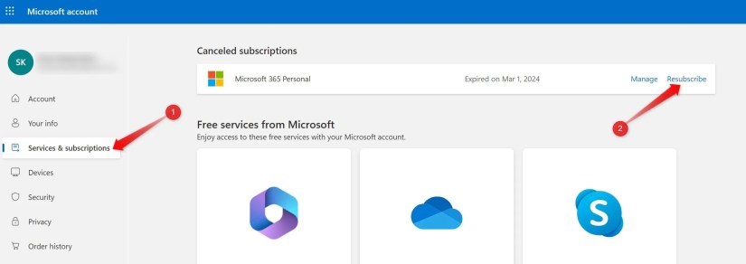 Resubscribing to Microsoft 365 Personal account.