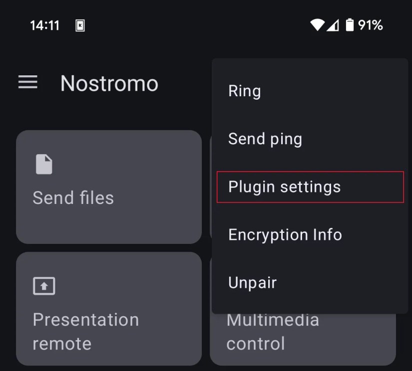The plugin Settings option in the KDE Connect Android app&rsquo;s three-dot menu