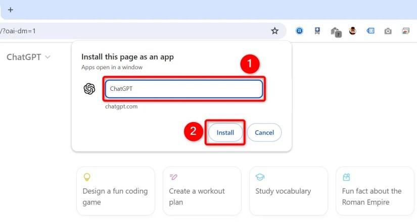 The text box and &lsquo;Install&rsquo; highlighted in Chrome.