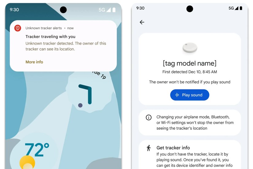An unknown tracker alert on Android, plus the &lsquo;Play sound&rsquo; button for a tracker.