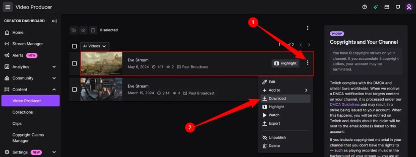 Click the three dots next to the video you want to download, then select &lsquo;Download&rsquo; from the menu.