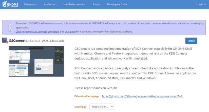 The GSConnect GNOME extension webpage