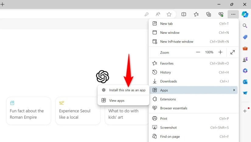 &lsquo;Install This Site as an App&rsquo; highlighted in Edge.