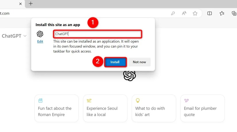 The text box and &lsquo;Install&rsquo; highlighted in Edge.