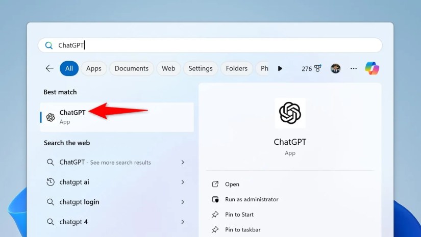ChatGPT highlighted in Windows Search.