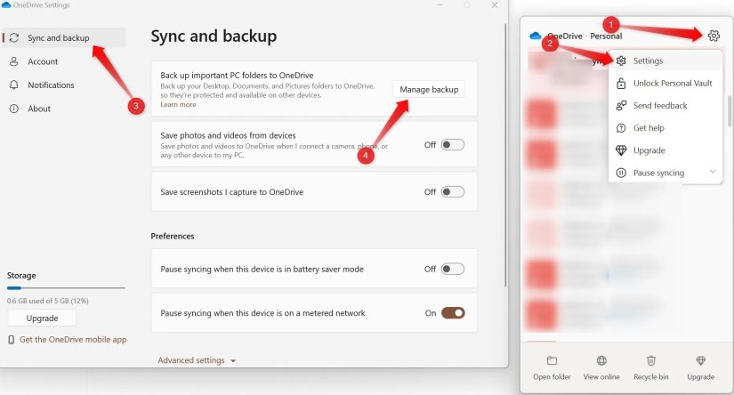 Managing backup settings from the Sync and Backup tab of OneDrive settings.