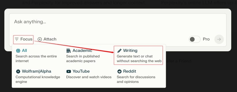 Perplexity Switch to Writing Mode, No Internet Access