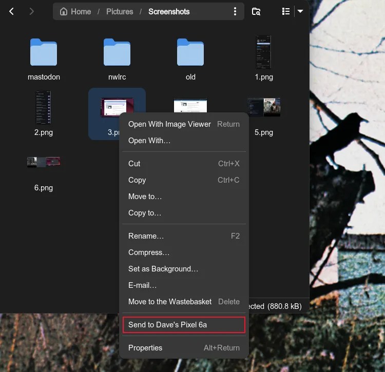 The GSConnect &ldquo;Send to smartphone&rdquo; option in the Files right-click menu