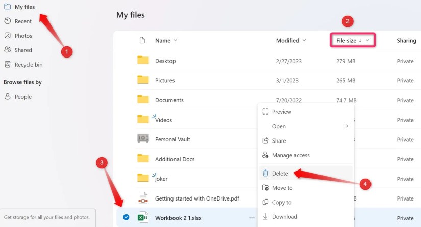 Deleting a file after arranging the data by size in OneDrive.