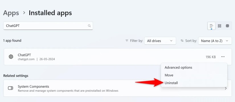 &lsquo;Uninstall&rsquo; highlighted for ChatGPT in Windows 11 Settings.