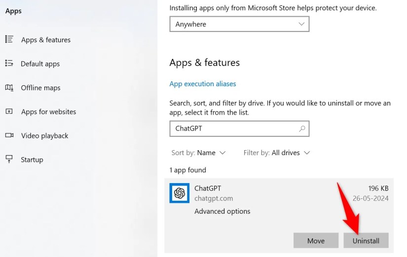 &lsquo;Uninstall&rsquo; highlighted for ChatGPT in Windows 10 Settings.
