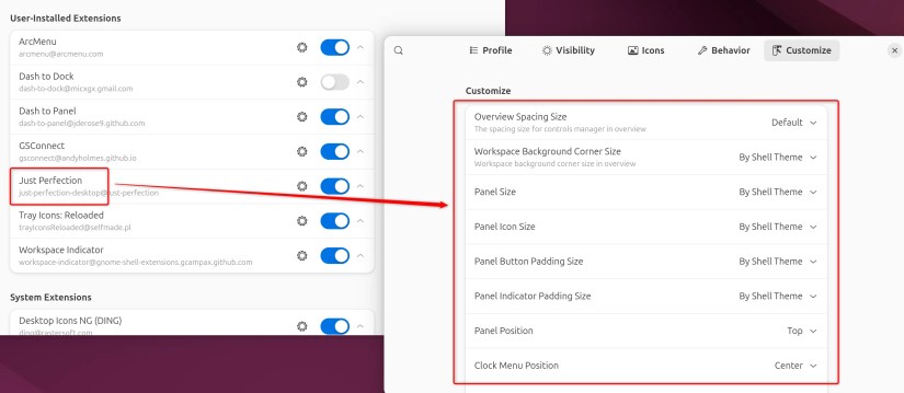 Granular control with Just Perfection GNOME extension