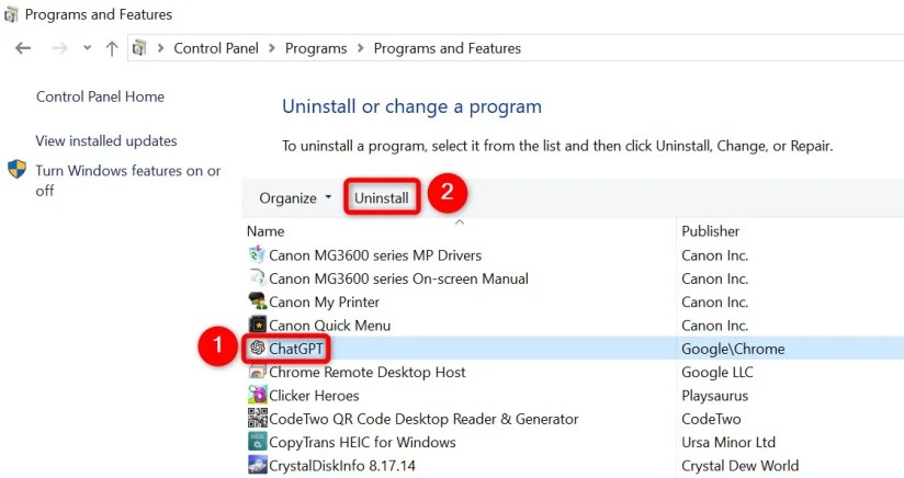 ChatGPT and &lsquo;Uninstall&rsquo; highlighted in Control Panel.