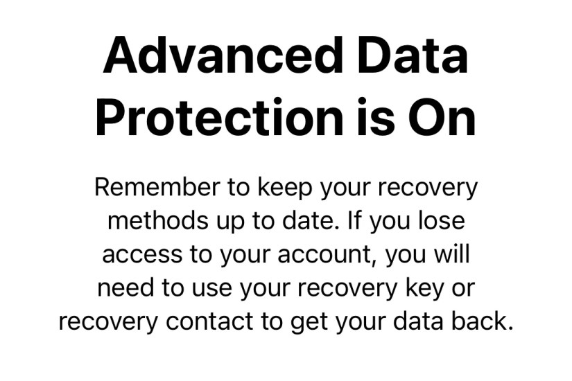 Advanced Data Protection confirmation page.