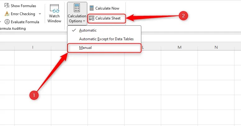 An Excel worksheet with the Calculation Options drop-down open, &lsquo;Manual&rsquo; highlighted as step 1, and &lsquo;Calculate Sheet&rsquo; highlighted as step 2.