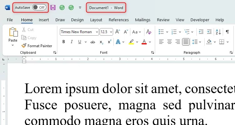 A Microsoft Word document that hasn&rsquo;t been saved, with the file name Document1 and AutoSave turned off.
