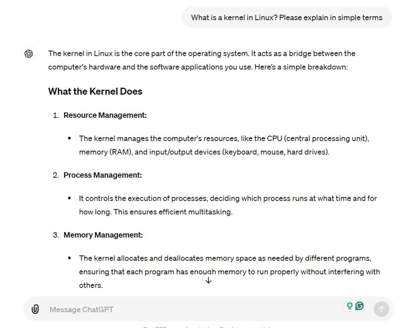 ChatGPT explaining what is kernel in Linux